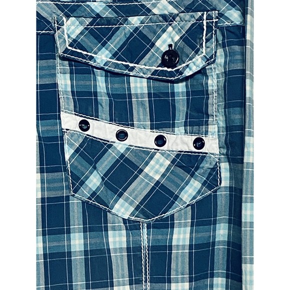 Austin Season Men's Embroidered Blue Plaid Long Sleeve Button Up Western Shirt L - Picture 5 of 14